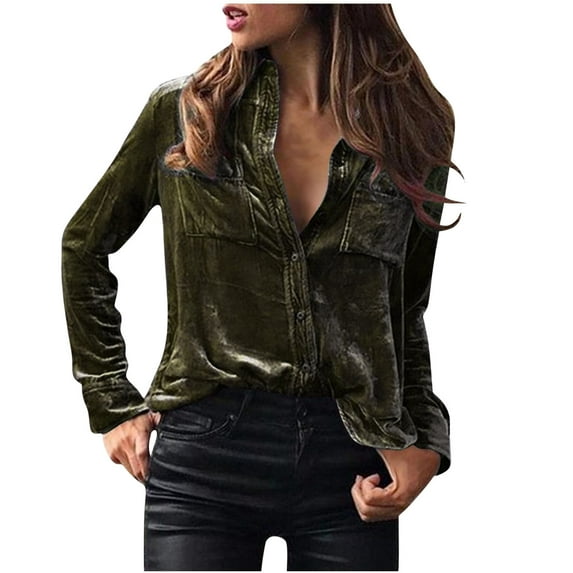 RYRJJ Vintage Velvet Top for Women Elegant Long Sleeve Button Down Shirts Solid Casual Collared Work Velour Blouses with Pockets(Black,XL)