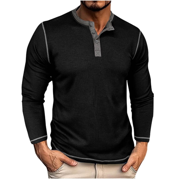 RYRJJ Waffle Henley T Shirts for Men Fashion Crewneck Pullover Tops Raglan Long Sleeve Casual Lightweight Button Cotton Basic Shirt(Black,M)