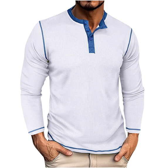 RYRJJ Waffle Henley T Shirts for Men Fashion Crewneck Pullover Tops Raglan Long Sleeve Casual Lightweight Button Cotton Basic Shirt(White,3XL)