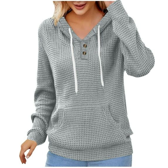 RYRJJ Waffle Knit Hoodies for Women Long Sleeve Drawstring Button V Neck Casual Pullover Sweatshirt Lightweight Loose Hooded Tops with Pocket(Gray,S)