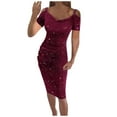 thumbnail image 1 of RYRJJ Wedding Guest Dresses for Womens Off Shoulder Sparkle Glitter V Neck Bodycon Ruched Cocktail Party Club Midi Dress(Wine,M), 1 of 8