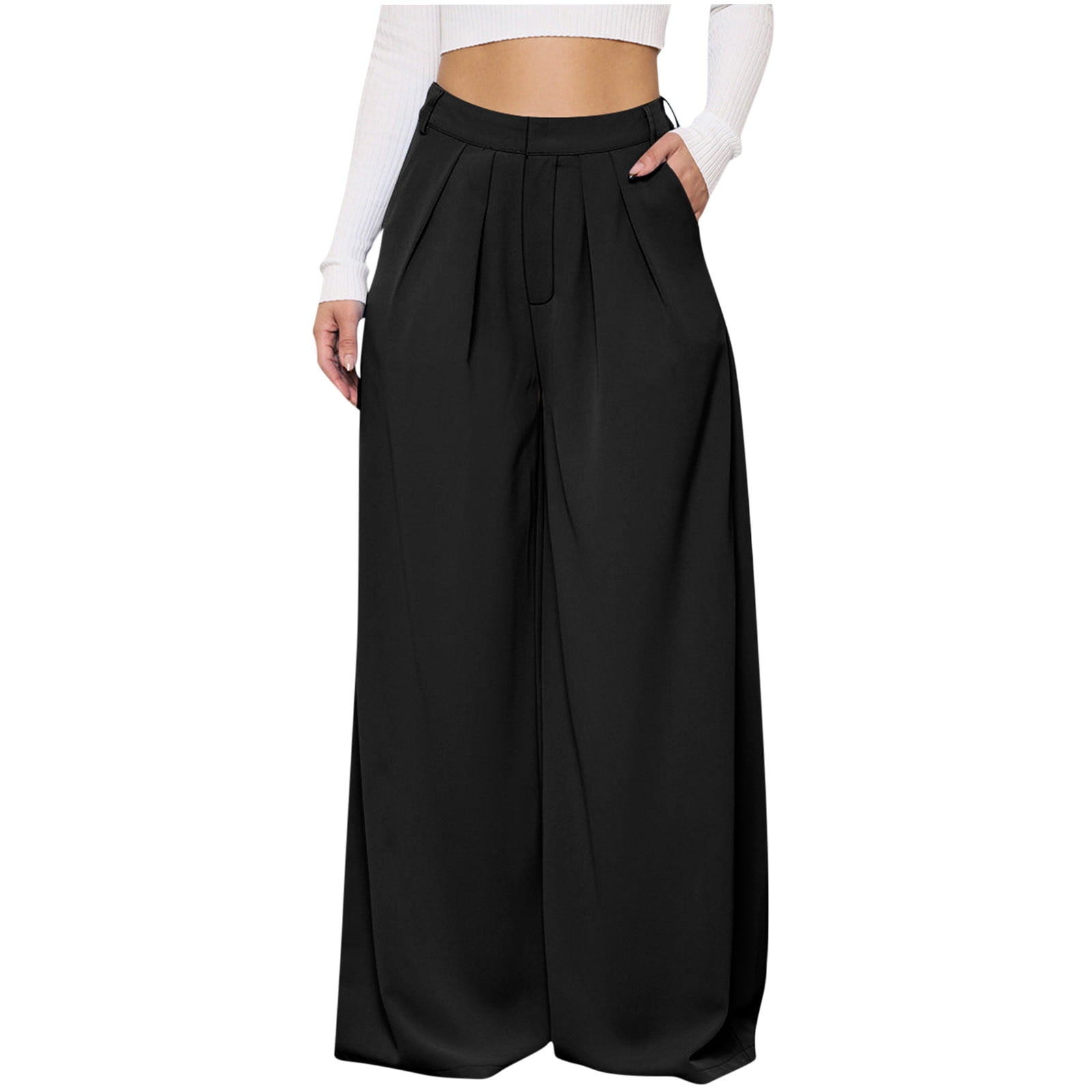 Pantaloni Palazzo Donna LL WB1485 | Vita Alta Con Coulisse, Pieghe, Colore Nero | Tessuto Morbidissimo 92% Poliestere 8% Elastan