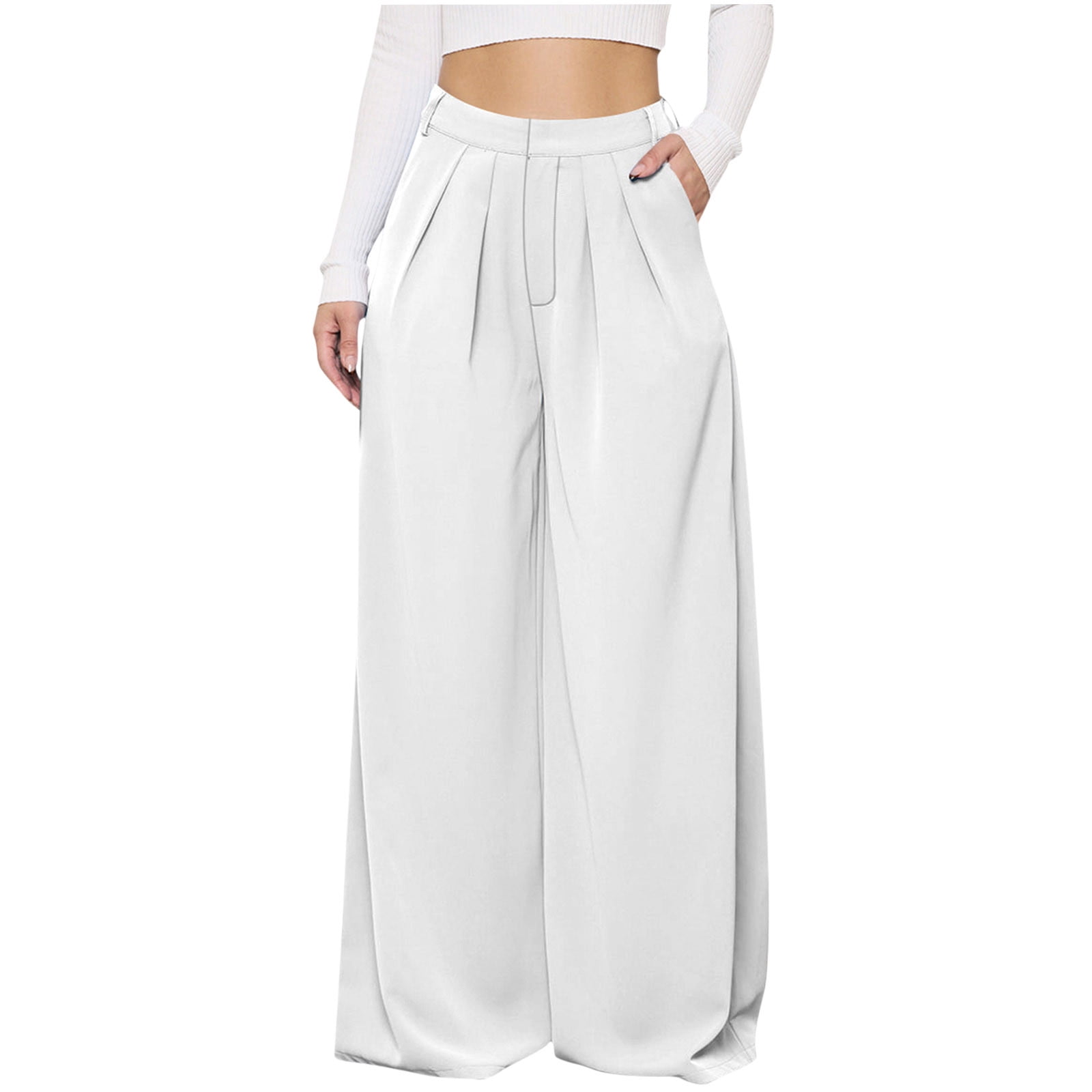 winter white wide leg dress pants Ayolanni White Women's Fashion 2024 Dress Pants Plus Size High Waist Wide Leg Pants with Pockets Casual Solid Suit Pants