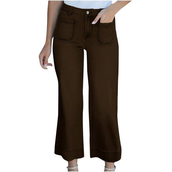 RYRJJ Wide Leg Jeans for Women Trendy High Waisted Flare Jeans Capris Stretchy Baggy Cropped Denim Pants with Patch Pockets(Coffee,S)