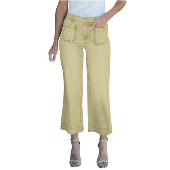 RYRJJ Wide Leg Jeans for Women Trendy High Waisted Flare Jeans Capris Stretchy Baggy Cropped Denim Pants with Patch Pockets(Khaki,L)