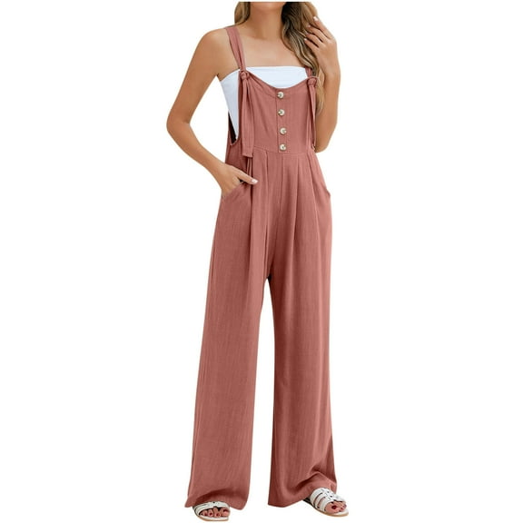 RYRJJ Wide Leg Jumpsuits for Women Casual Summer Dressy Sleeveless Overalls Long Loose Baggy Rompers Jumpers with Pockets(Pink,XXL)