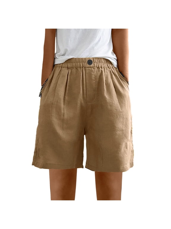 Wide Leg Linen Shorts for Women Elastic High Waisted Pleated Casual Loose Bermuda Shorts Fashion Summer Pants with Pockets(Khaki,XL)