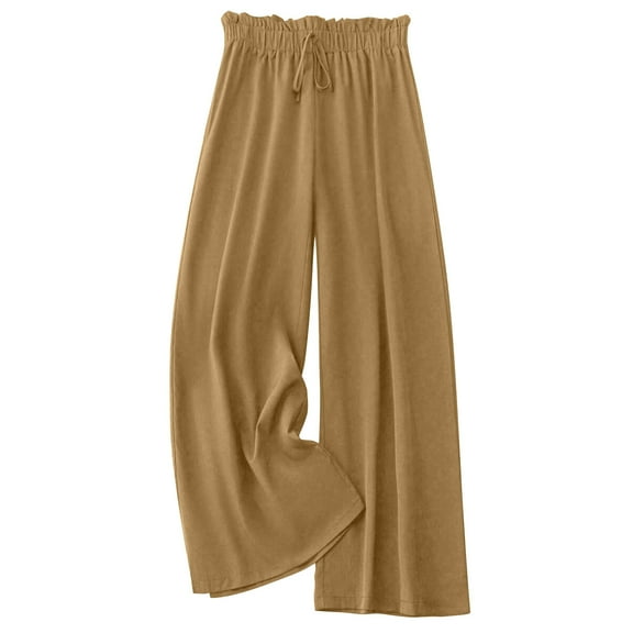 RYRJJ Wide Leg Palazzo Pants for Women - High Waist Casual Beach Lounge Pants Drawstring Baggy Flowy Trousers with Pockets(Khaki,S)