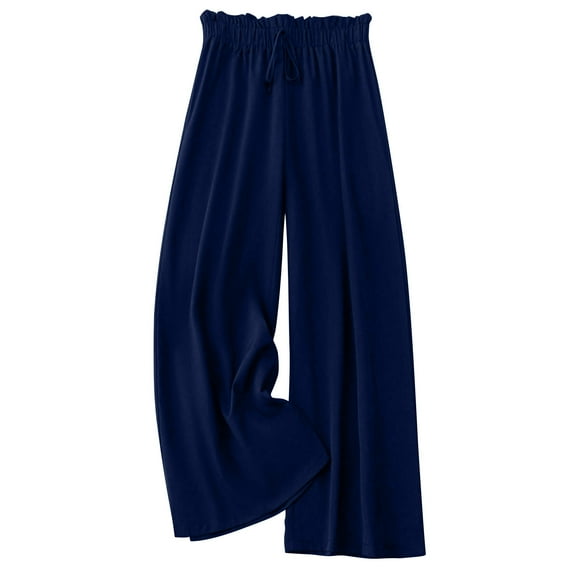 RYRJJ Wide Leg Palazzo Pants for Women - High Waist Casual Beach Lounge Pants Drawstring Baggy Flowy Trousers with Pockets(Navy,L)