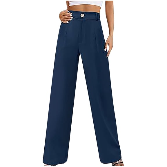 RYRJJ Wide Leg Pants for Women Pull On Button Up High Waisted Dress Trousers with Pockets Comfy Casual Loose Business Work Palazzo Pants for Ladies(Navy,XL)