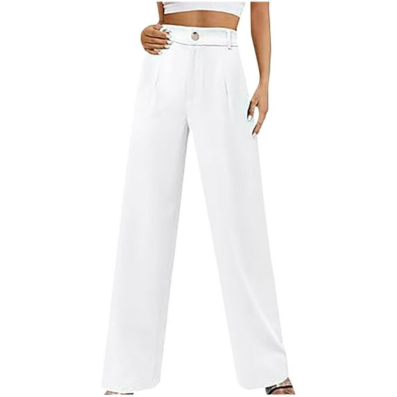 RYRJJ Wide Leg Pants for Women Pull On Button Up High Waisted Dress Trousers with Pockets Comfy Casual Loose Business Work Palazzo Pants for Ladies(White,XL)