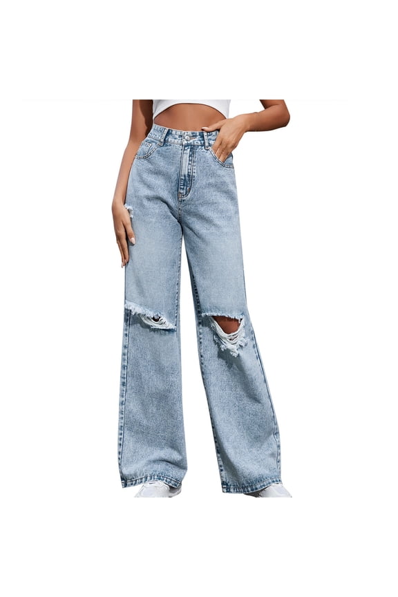 Wide Leg Ripped Jeans for Women High Waist Baggy Distressed Denim Pants Casual Y2K Trendy Streetwear Trousers(Blue,L)