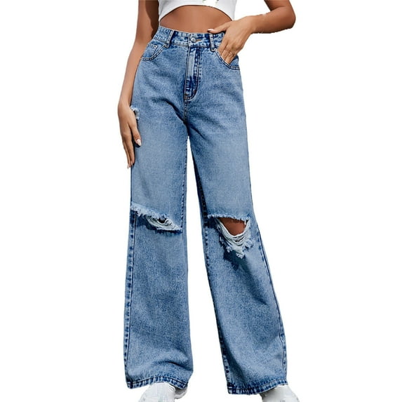 RYRJJ Wide Leg Ripped Jeans for Women High Waist Baggy Distressed Denim Pants Casual Y2K Trendy Streetwear Trousers(Dark Blue,L)