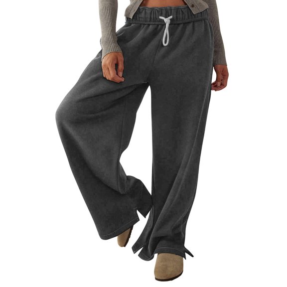 RYRJJ Wide Leg Sweat Pants for Womens High Waisted Baggy Sweatpants Casual Drawstring Workout Pajama Pants with Pockets(Dark Gray,S)