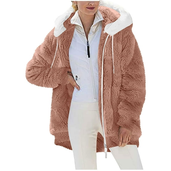 RYRJJ Winter Coats for Women Fuzzy Fleece Jacket Zip Up Color Block Coat Oversized Warm Hooded Outerwear with Pockets(Orange,XL)