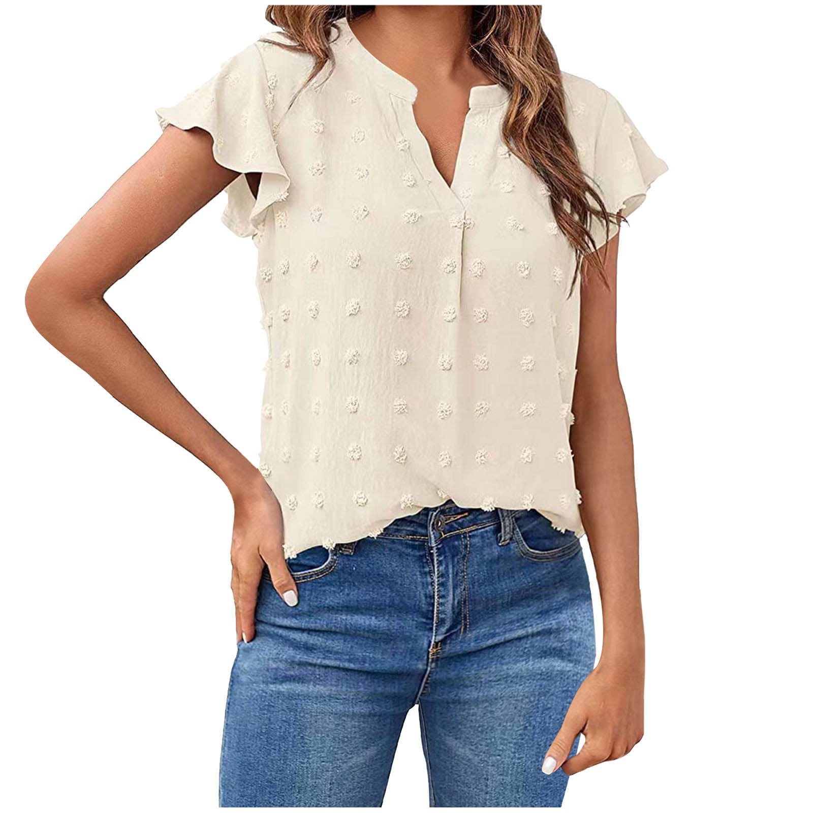 RYRJJ Women Summer V Neck Ruffle Short Sleeve Blouse Dressy Solid ...