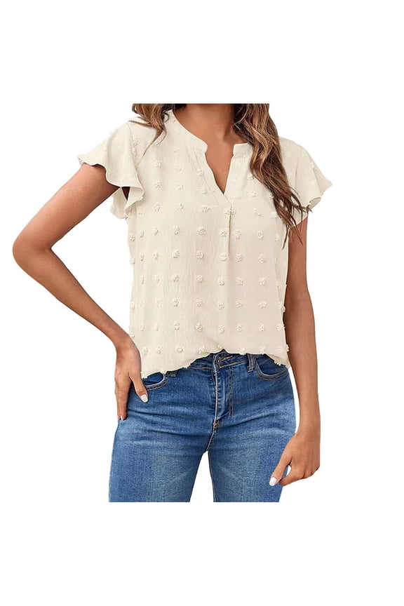 Women Summer V Neck Ruffle Short Sleeve Blouse Dressy Solid Casual Swiss Dot Flowy Shirt Tunic Top(Beige,M)