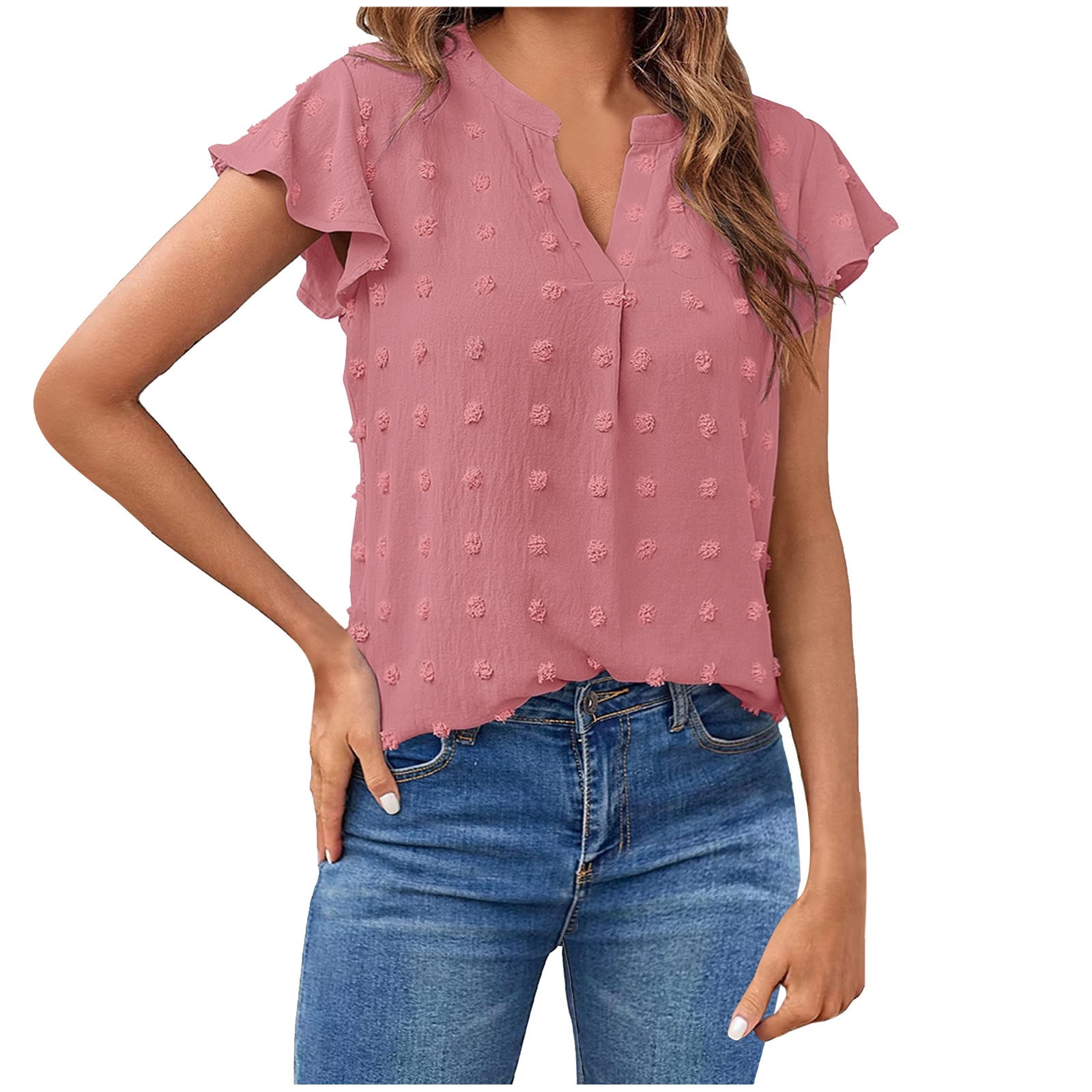 RYRJJ Women Summer V Neck Ruffle Short Sleeve Blouse Dressy Solid ...