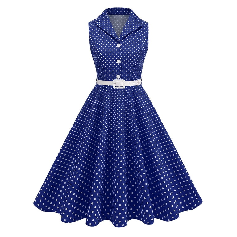blue vintage cocktail dress Ryrjj Women 50s 60s Sleeveless Swing 1950s Polka Dot Audrey Rockabilly Prom Party Dress with Belt(Dark Blue,XL), Women's Christmas Discount