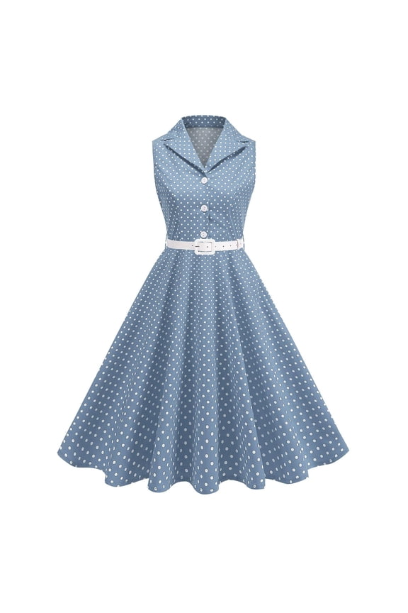 Women 50s 60s Vintage Sleeveless Cocktail Swing Dress 1950s Polka Dot Audrey Rockabilly Prom Party Dress with Belt(Light Blue,S)