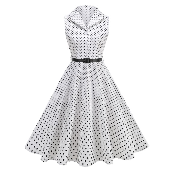 RYRJJ Women 50s 60s Vintage Sleeveless Cocktail Swing Dress 1950s Polka Dot Audrey Rockabilly Prom Party Dress with Belt(White,L)