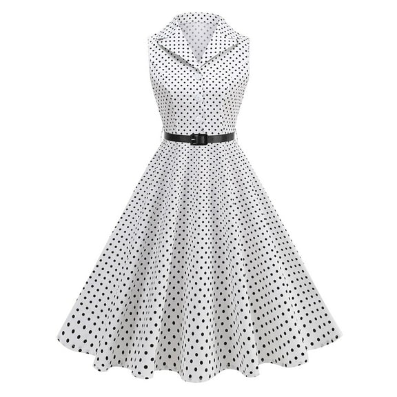 RYRJJ Women 50s 60s Vintage Sleeveless Cocktail Swing Dress 1950s Polka Dot Audrey Rockabilly Prom Party Dress with Belt(White,S)