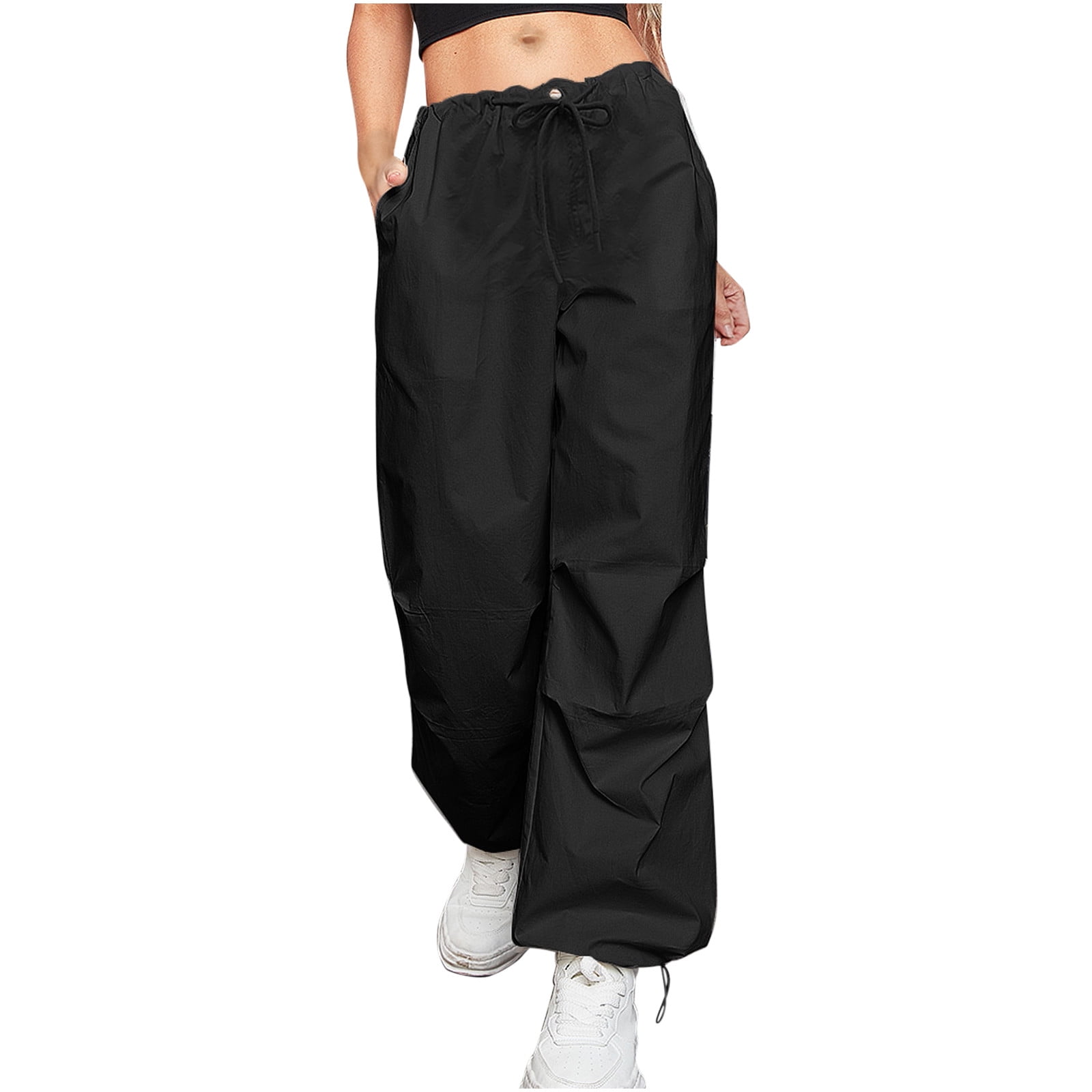 Feancey Womens Baggy Cargo Pants Low Waist Loose Wide Leg Trousers  Drawstrings Casual Joggers Sweatpants Hippie Streetwear Small 01-black