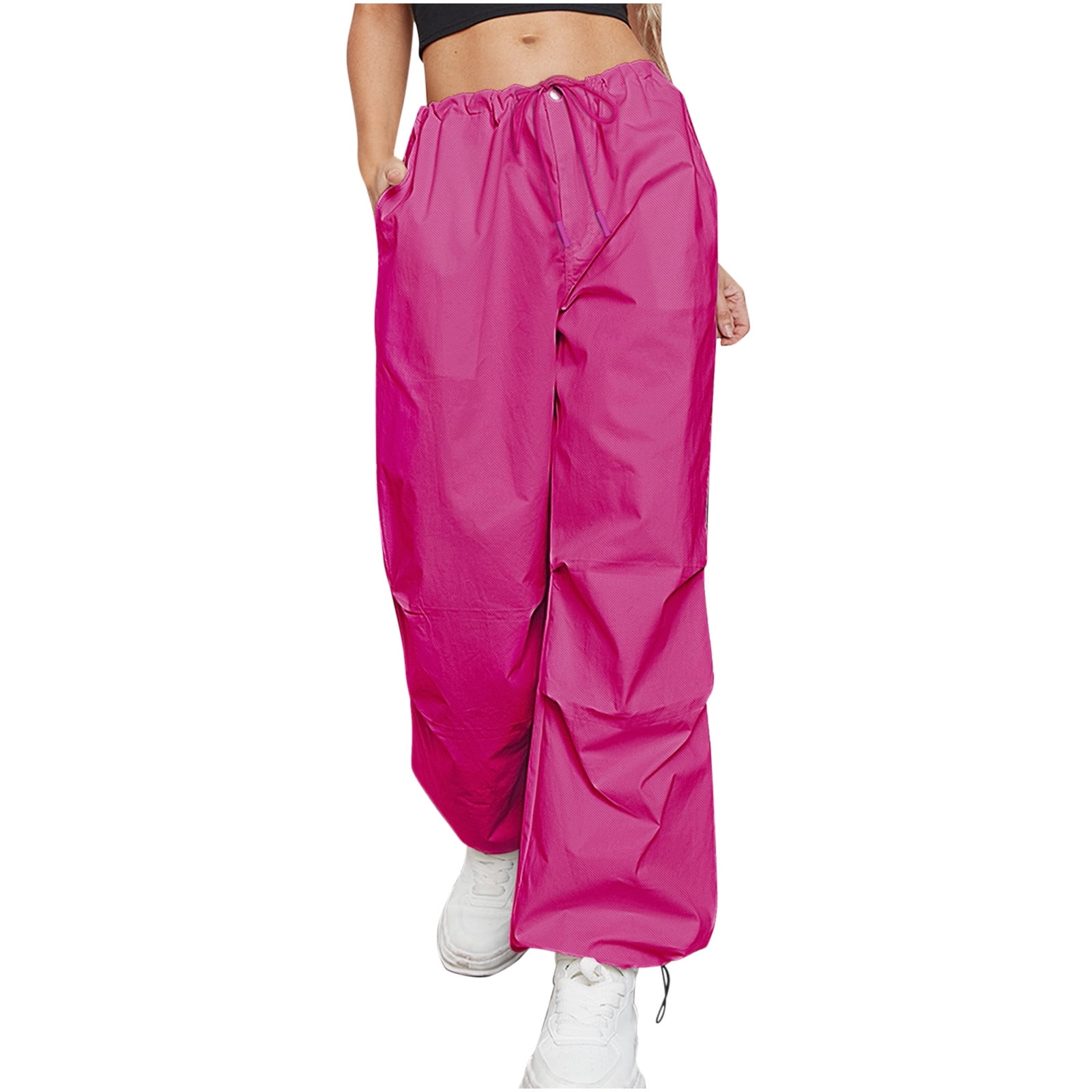 RYRJJ Women Baggy Low Waist Drawstring Cargo Pants Oversize Casual Wide Leg  Parachute Trousers Pocket Jogger Sweatpants(Hot Pink,S) 