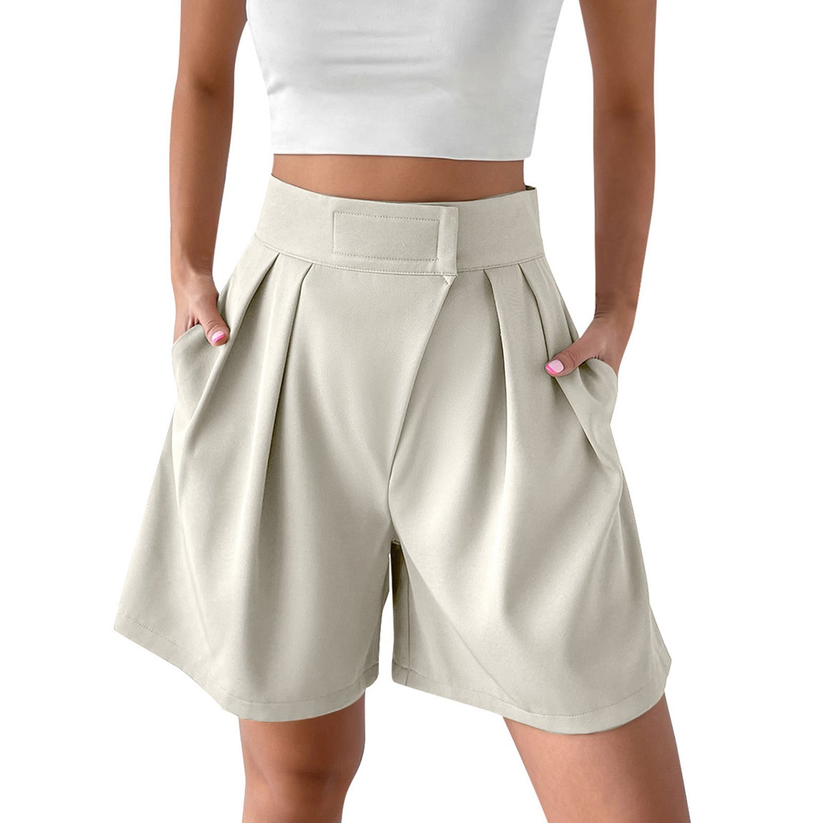 Ryrjj Women Business Casual Button Dress Shorts High Waist Wide Leg Pleated Shorts Summer Solid Bermuda Shorts with Pockets(z-Beige,M), Women's, Size: