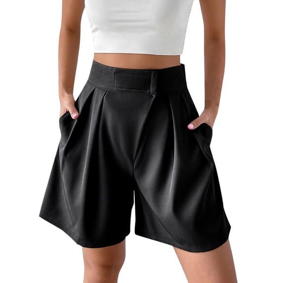 RYRJJ Women Business Casual Button Dress Shorts High Waist Wide Leg Pleated Shorts Summer Solid Bermuda Shorts with Pockets(z-Black,3XL)
