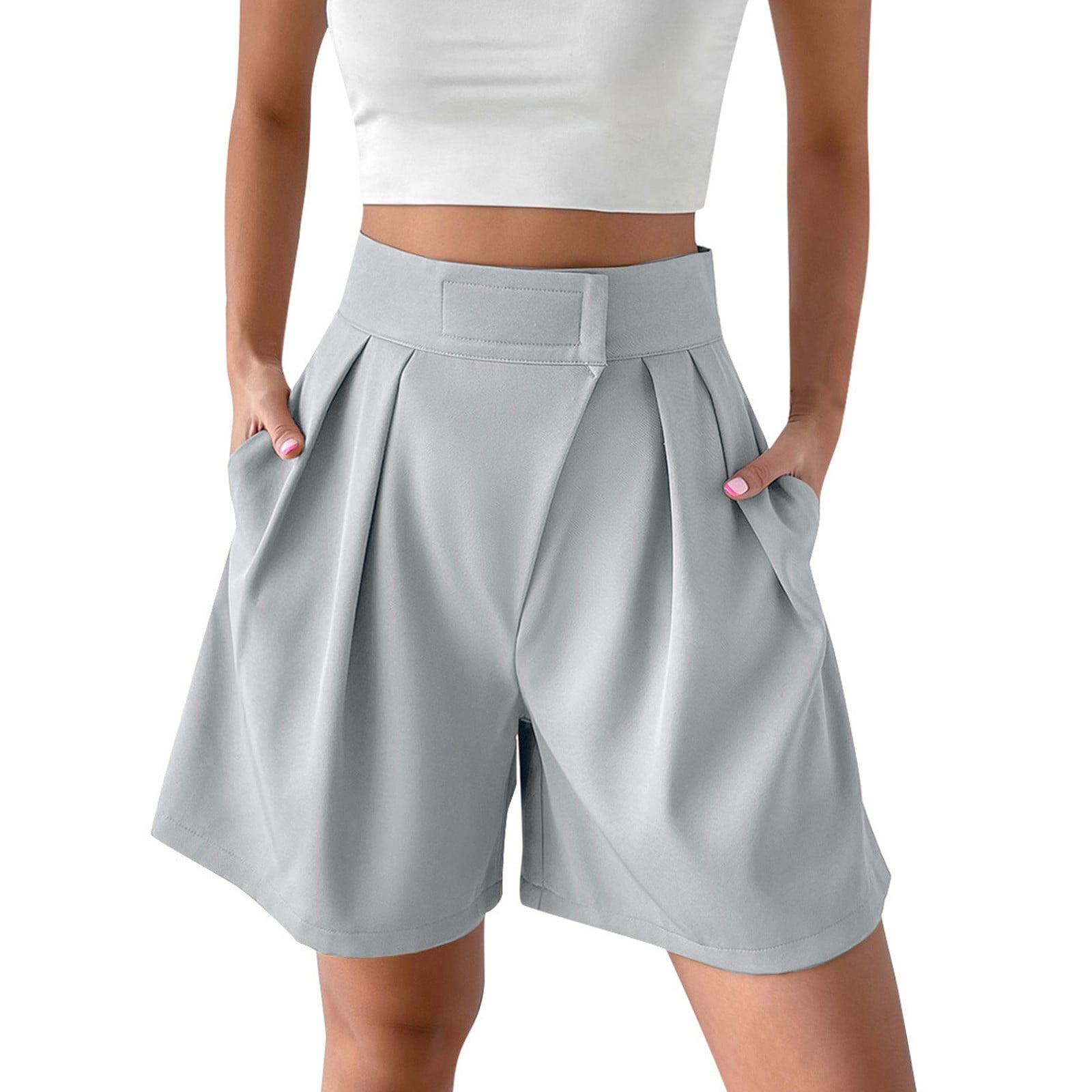 Ryrjj Women Business Casual Button Dress Shorts High Waist Wide Leg Pleated Shorts Summer Solid Bermuda Shorts with Pockets(z-Gray,L), Women's, Size: