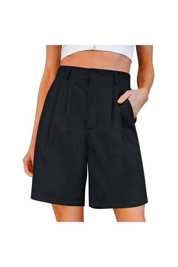 Women Business Casual Button Dress Shorts High Waist Wide Leg Pleated Shorts Summer Solid Bermuda Shorts with Pockets(z1-Black,XXL)