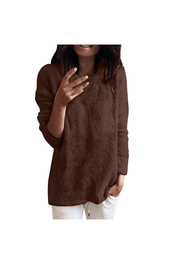 Women Casual Long Sleeve Fall Sweaters Crew Neck Solid Color Soft Fluffy Fuzzy Knitted Oversized Tunic Pullover Loose Fit Jumper Top Plus Size Brown XXL