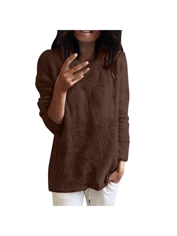 Women Casual Long Sleeve Fall Sweaters Crew Neck Solid Color Soft Fluffy Fuzzy Knitted Oversized Tunic Pullover Loose Fit Jumper Top Plus Size Brown XL