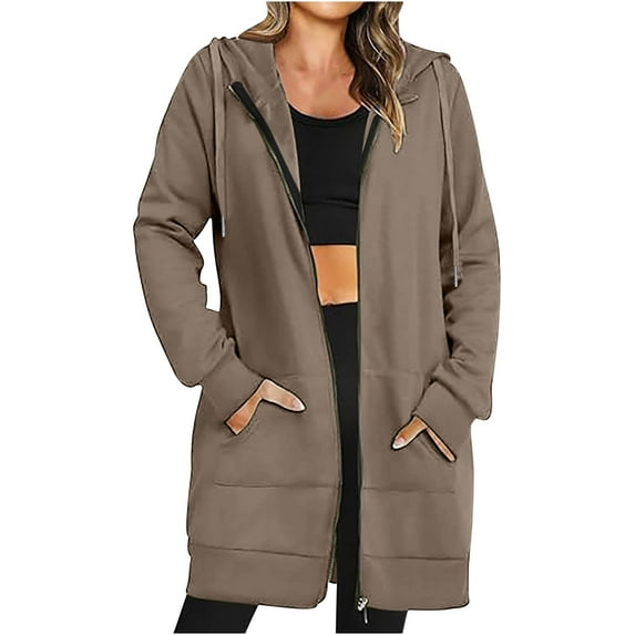 RYRJJ Women Casual Zip up Hoodies Tunic Sweatshirt Long Hooded Jacket Oversized Lightweight Fleece Lined Coat Outwear with Pockets(Khaki,M)