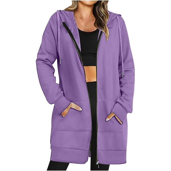 RYRJJ Women Casual Zip up Hoodies Tunic Sweatshirt Long Hooded Jacket Oversized Lightweight Fleece Lined Coat Outwear with Pockets(Purple,S)