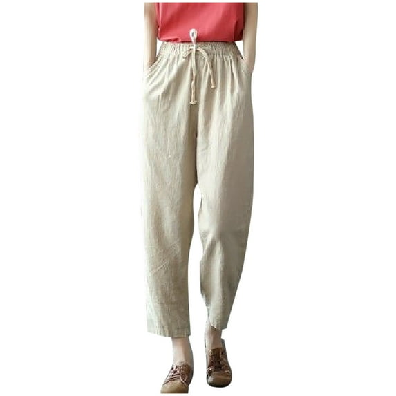 RYRJJ Women Cotton Linen Drawstring Cropped Pants Baggy Capri Straight Leg Lounge Trousers Elastic Waist Casual Comfy Pants(Beige,3XL)