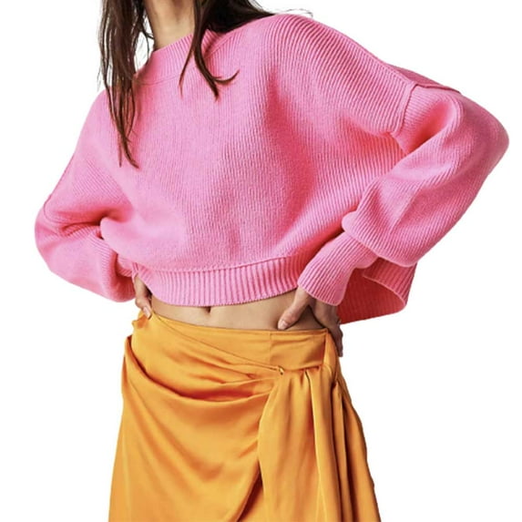 RYRJJ Women Crewneck Cropped Sweaters Drop Long Sleeve Trendy Fall Oversized Side Slit Ribbed Knit Pullover Sweater Top(Hot Pink,S)