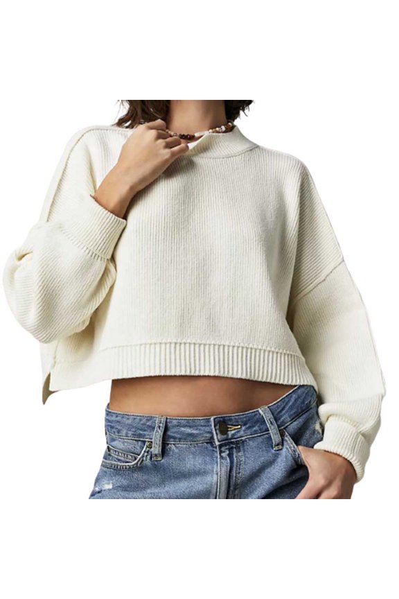 Women Crewneck Cropped Sweaters Drop Long Sleeve Trendy Fall Oversized Side Slit Ribbed Knit Pullover Sweater Top(Beige,L)