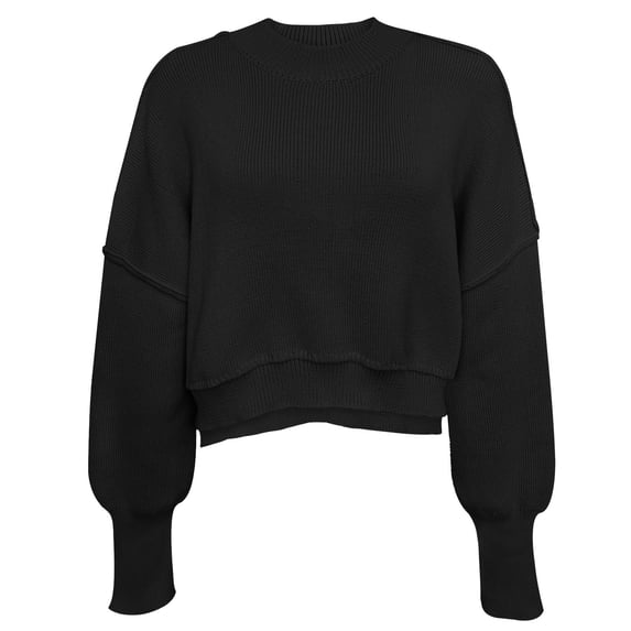 RYRJJ Women Crewneck Cropped Sweaters Drop Long Sleeve Trendy Fall Oversized Side Slit Ribbed Knit Pullover Sweater Top(Black,XL)