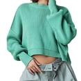 thumbnail image 1 of RYRJJ Women Crewneck Cropped Sweaters Drop Long Sleeve Trendy Fall Oversized Side Slit Ribbed Knit Pullover Sweater Top(Mint Green,L), 1 of 6