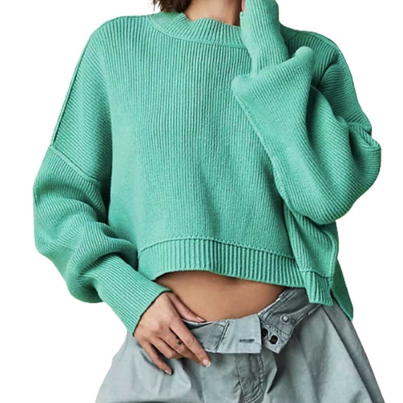 RYRJJ Women Crewneck Cropped Sweaters Drop Long Sleeve Trendy Fall Oversized Side Slit Ribbed Knit Pullover Sweater Top(Mint Green,L)