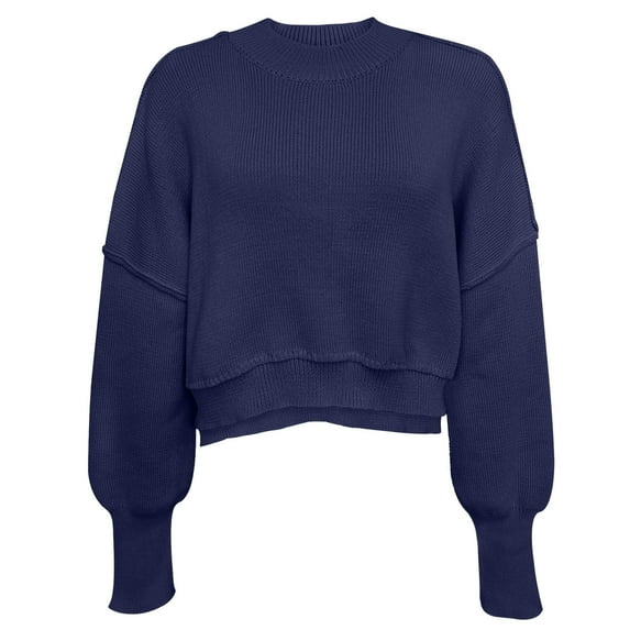 RYRJJ Women Crewneck Cropped Sweaters Drop Long Sleeve Trendy Fall Oversized Side Slit Ribbed Knit Pullover Sweater Top(Navy,S)