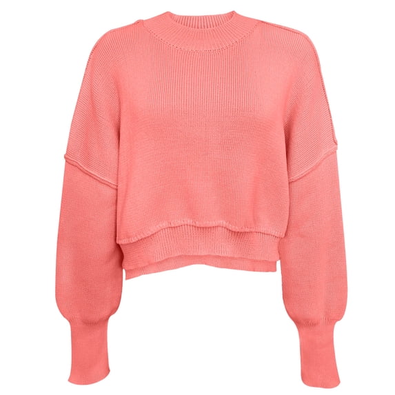 RYRJJ Women Crewneck Cropped Sweaters Drop Long Sleeve Trendy Fall Oversized Side Slit Ribbed Knit Pullover Sweater Top(Red,L)