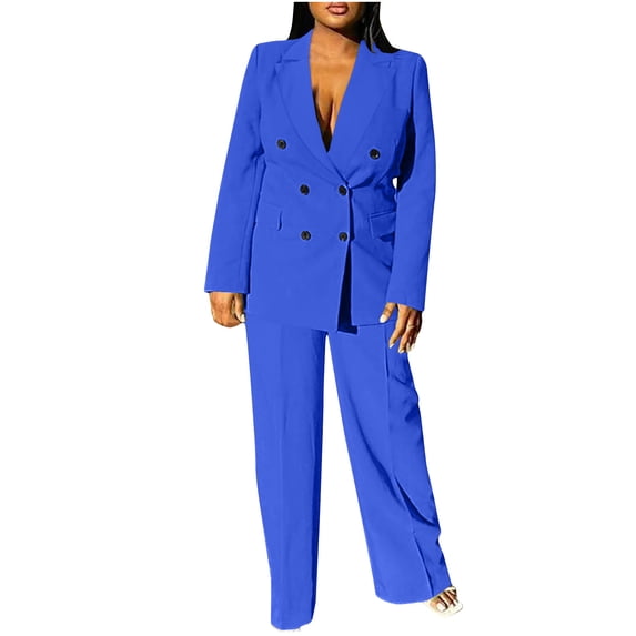 RYRJJ Women Double Breasted Blazer Set Formal 2 Piece Pants Outfits Long Sleeve Bussines Suit Set for Work Office(Blue,XL)