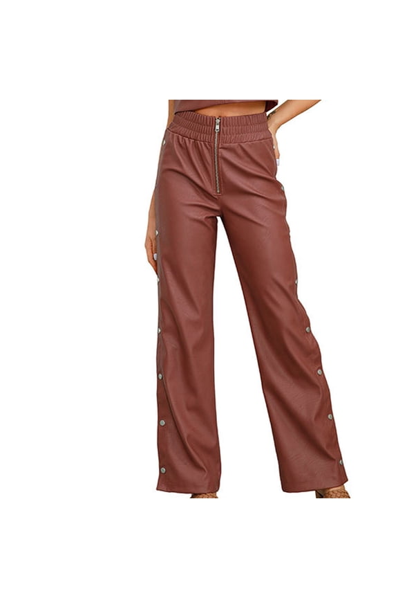 Women Faux Leather Pants Elastic High Waist Straight Wide Leg Pleather Casual Solid Trousers Side Snap Buttons Business Work Pants with Pockets(Brown,S)