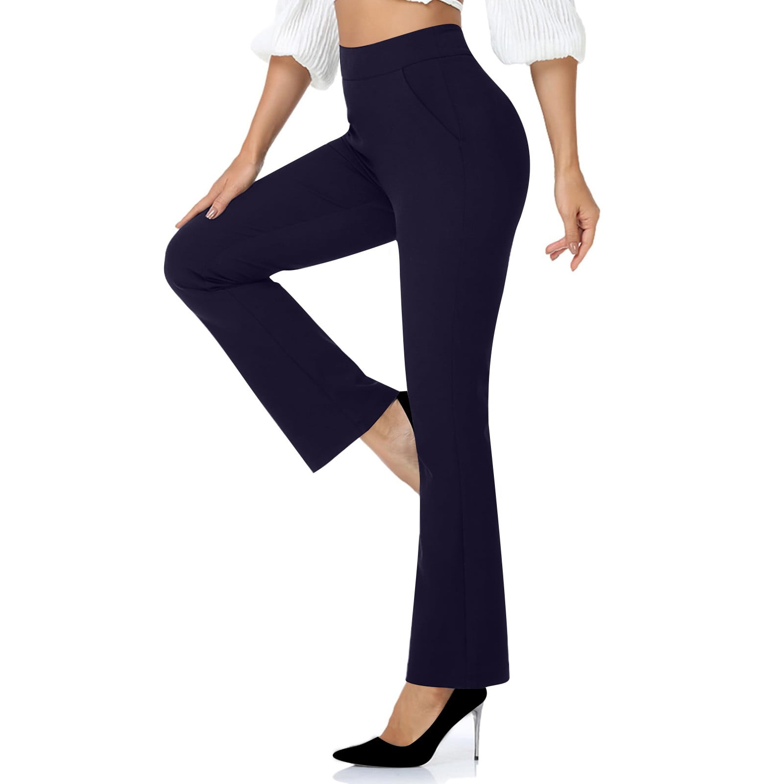 Ryrjj Women Flare Dress Pants High Waist Stretchy Straight Leg Bootcut Pants Trousers Pull On Work Slacks for Office Business Casual(Navy,S)