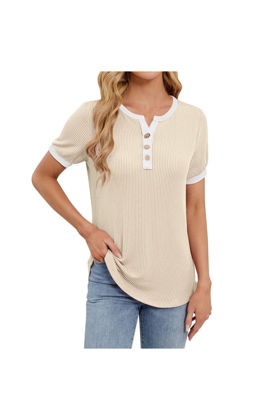 Women Henley Short Sleeve Tops Color Block Summer Tee Shirts Button Round Neck Y2K Casual T-Shirt(Beige,S)