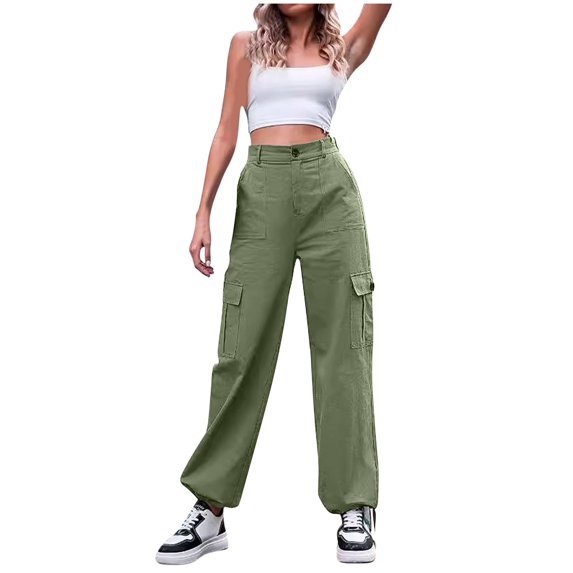 RYRJJ Women High Waisted Parachute Cargo Pants Wide Leg Casual Hiking Pants 6 Pockets Y2K Streetwear Baggy Joggers Trousers(Green,XL)