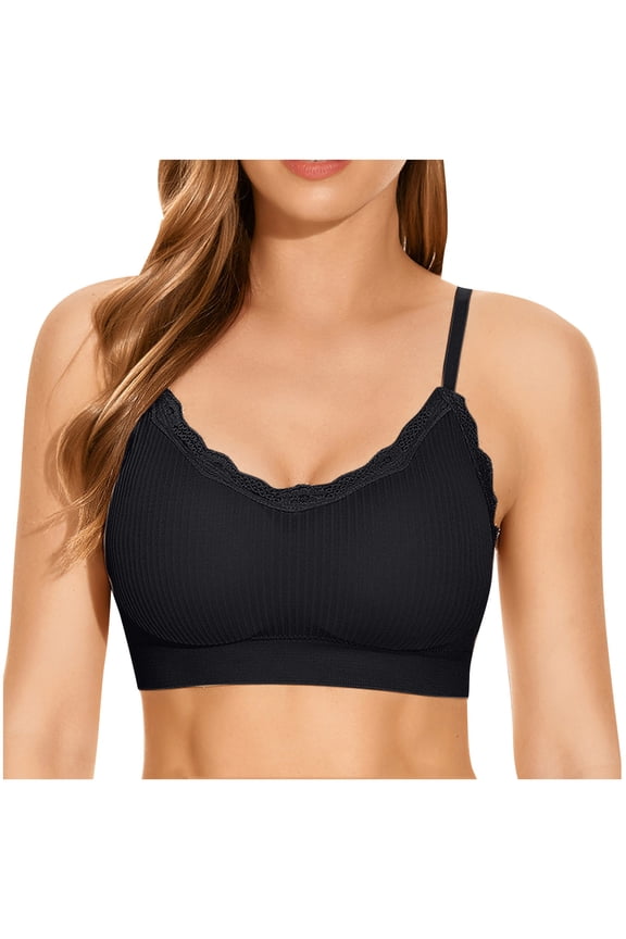 Women Lace Trim V Neck Padded Bralette Cami Bra Spaghetti Strap Ribbed Knit Wireless Tank Top Bra Sports Bra(Black,One Size)